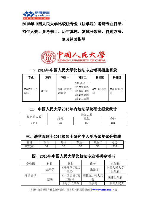 2015中国人民大学比较法专业(法学院)考研专业目录招生人数参考书目历年真题复试分数线答题方法