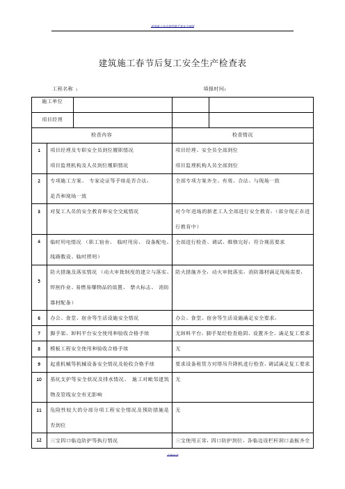 建筑施工春节后复工安全生产检查表