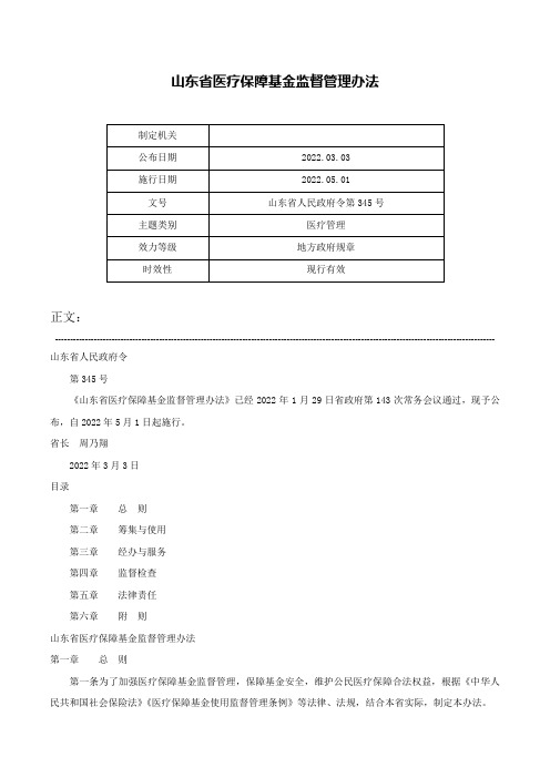 山东省医疗保障基金监督管理办法-山东省人民政府令第345号