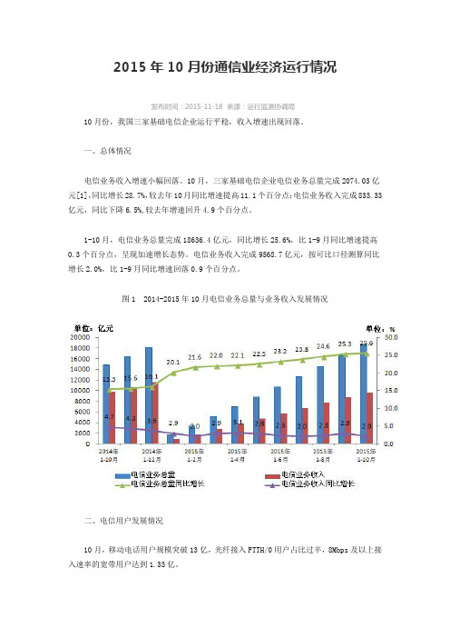 2015年10月份通信业经济运行情况