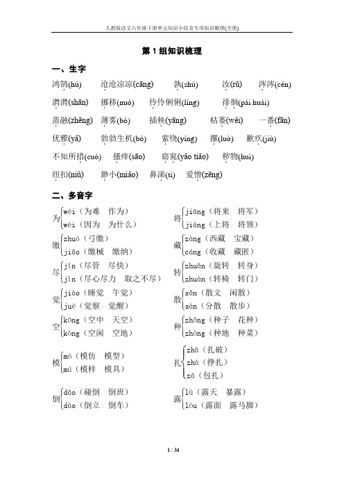 人教版语文六年级下册单元知识小结及专项知识梳理(全册)