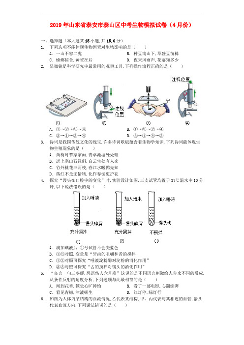 [2020中考生物]山东省泰安市泰山区2019年中考生物模拟试卷(4月份)(含解析)