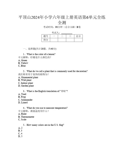 平顶山2024年小学六年级上册I卷英语第6单元全练全测