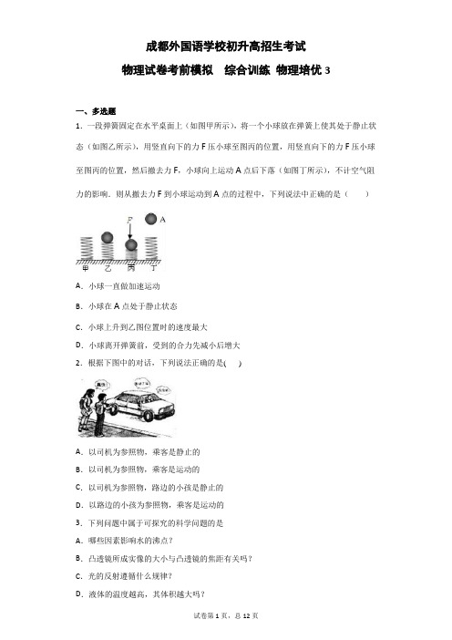 成都外国语学校初三年级直升考试物理模拟训练试题3 力学综合  电学综合 中考模拟  自主招生(答案在文末)