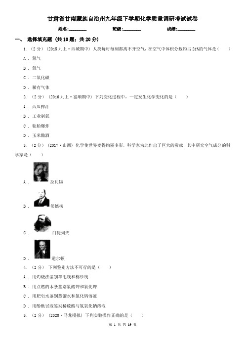 甘肃省甘南藏族自治州九年级下学期化学质量调研考试试卷