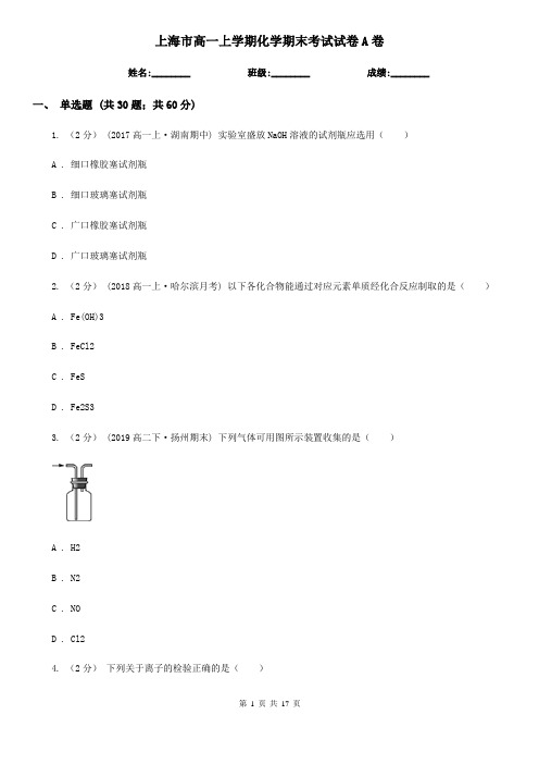 上海市高一上学期化学期末考试试卷A卷