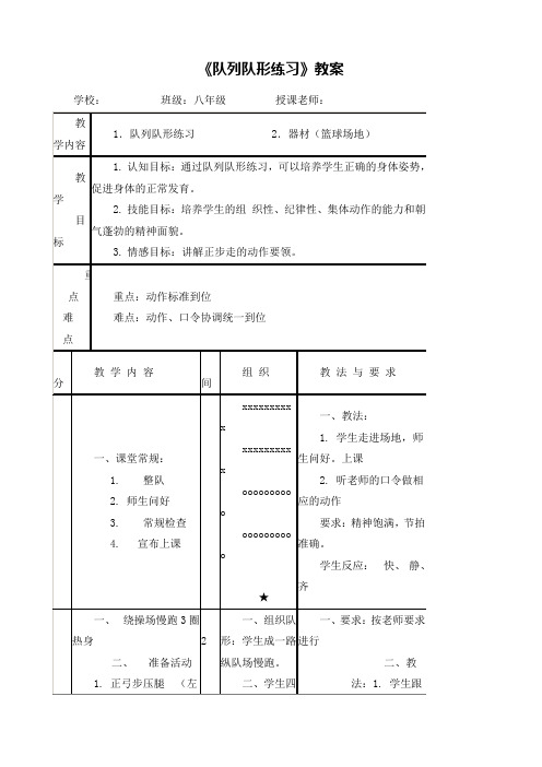 八年级体育与健康教案—队形队列练习