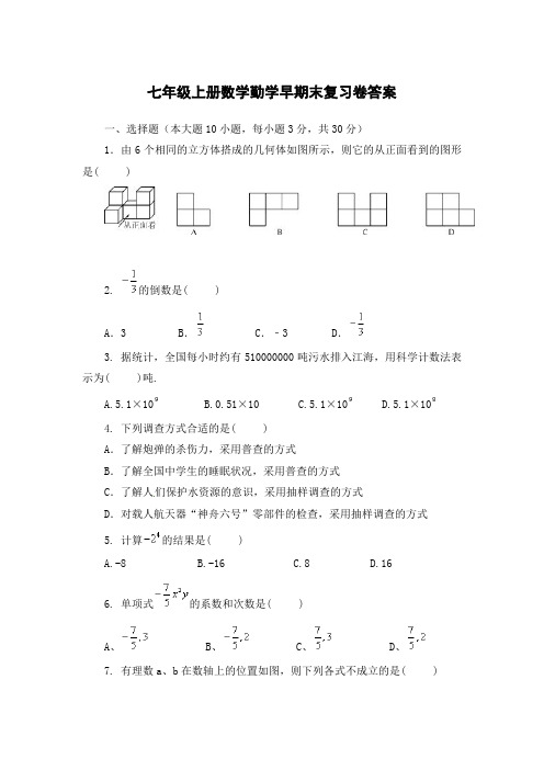 七年级上册数学勤学早期末复习卷答案