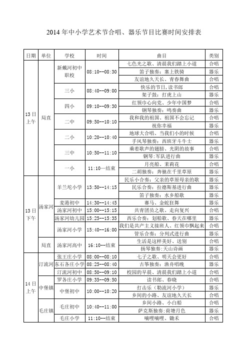 2014年中小学艺术节合唱、器乐节目比赛时间安排表