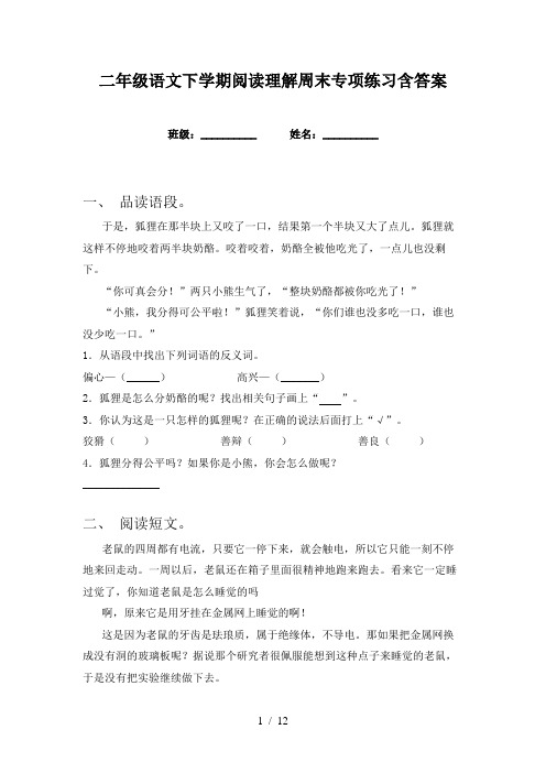 二年级语文下学期阅读理解周末专项练习含答案