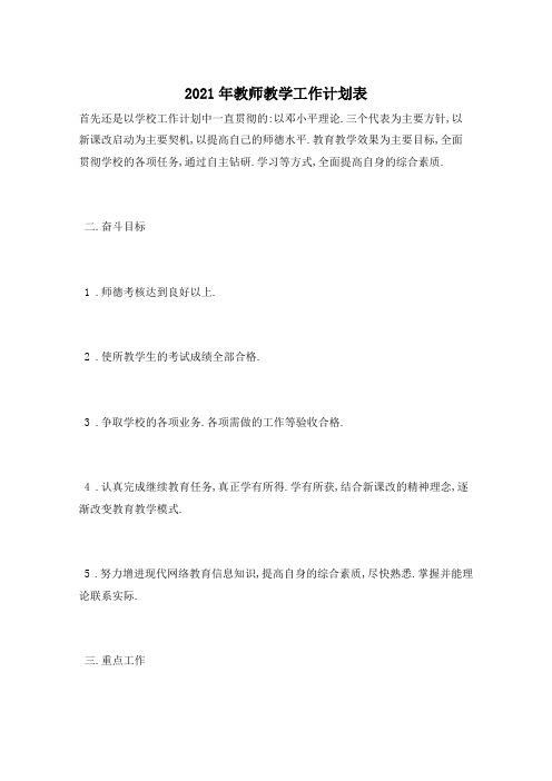 2021年教师教学工作计划表