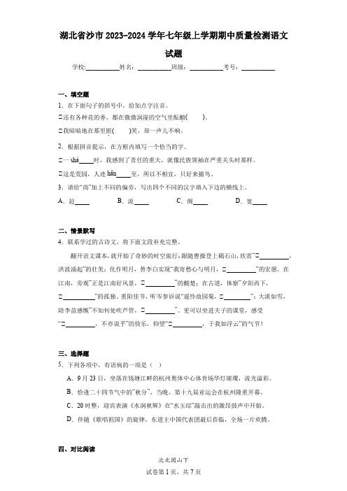 湖北省沙市2023-2024学年七年级上学期期中质量检测语文试题