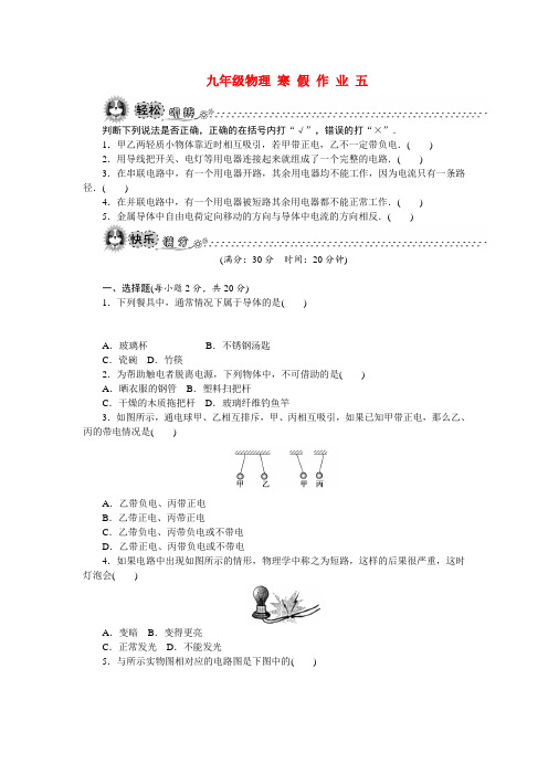 九年级物理寒假作业 05(认识电路)(练习配答案)