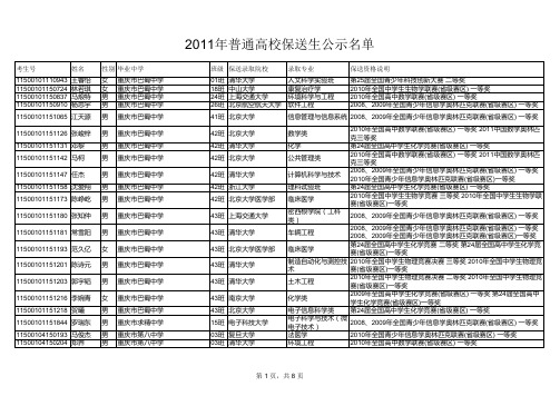 2011普通高校保送生公示名单