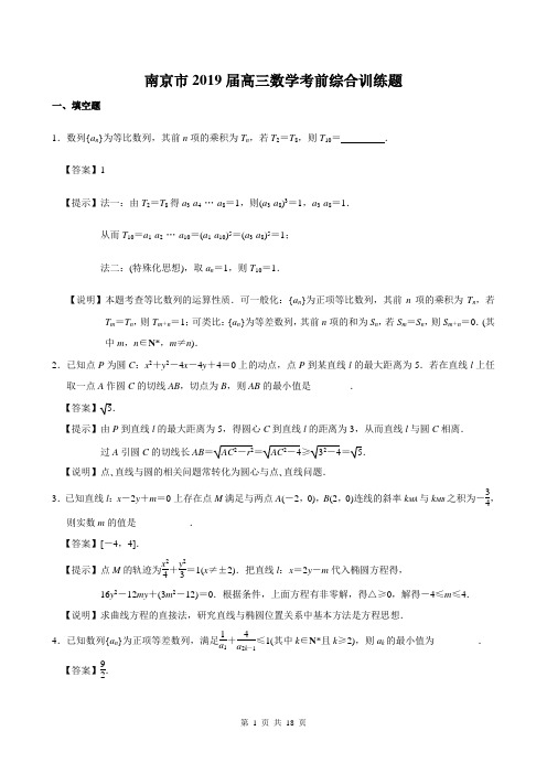 江苏省南京市2019届高三数学考前综合训练题及答案