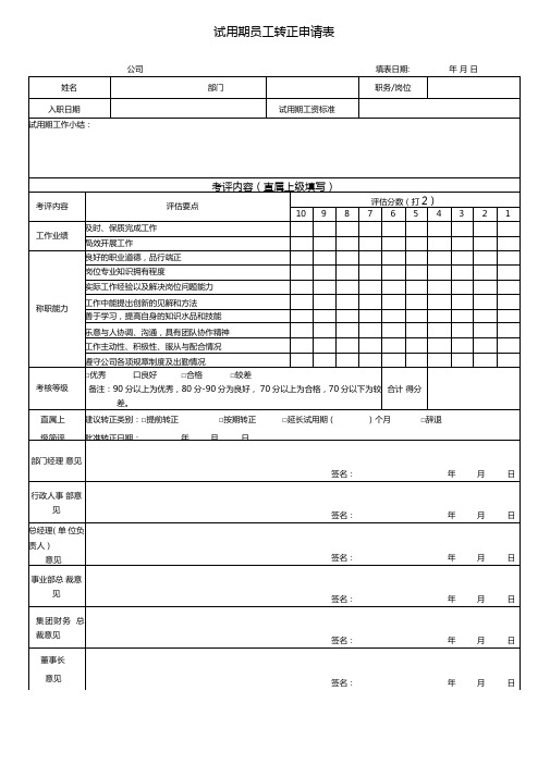 试用期员工转正申请表