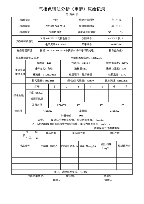 气相色谱法分析(甲醇)原始记录