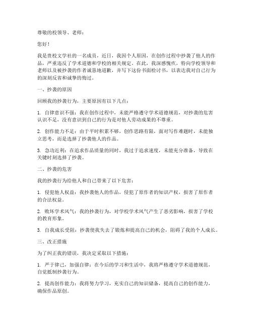 抄袭网文书面检讨书范文