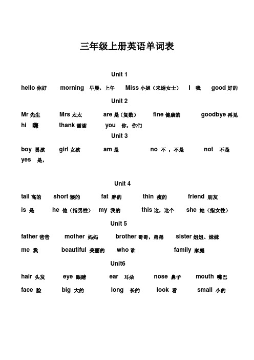 上海牛津版三年级上册英语单词表