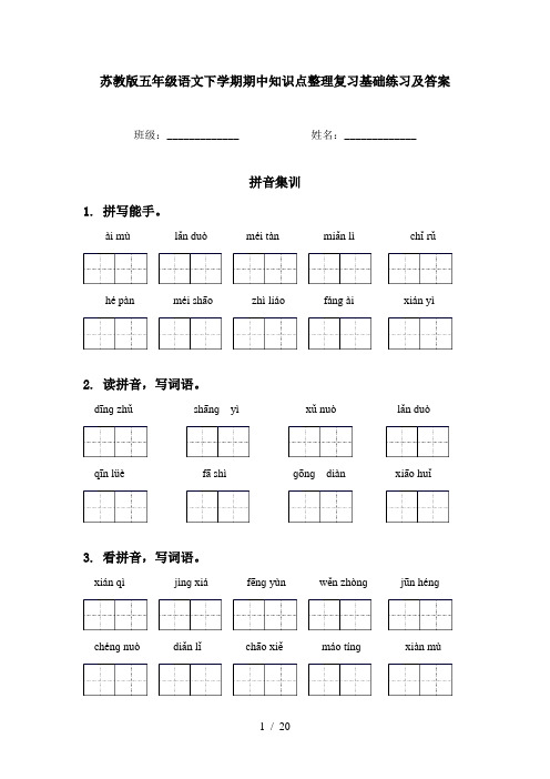 苏教版五年级语文下学期期中知识点整理复习基础练习及答案