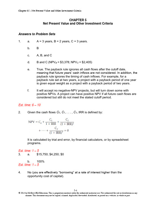 公司财务原理Principles of Corporate Finance(11th edition)_课后习题答案Chap005