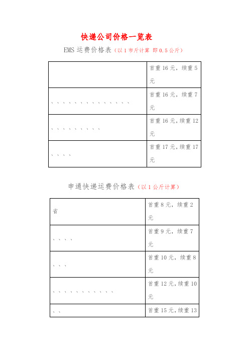 快递公司价格一览表