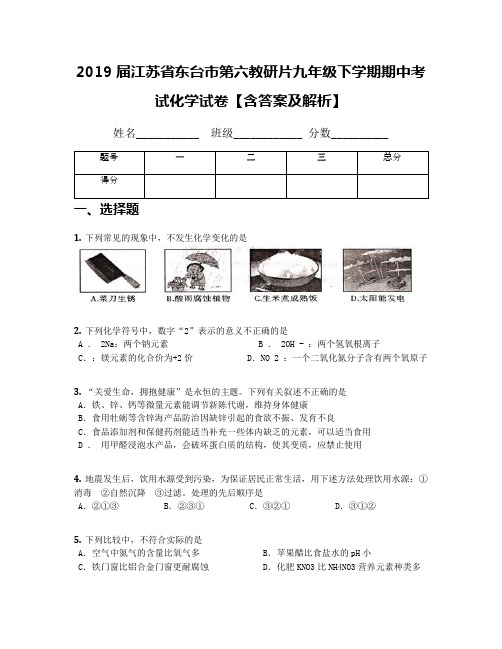 2019届江苏省东台市第六教研片九年级下学期期中考试化学试卷【含答案及解析】