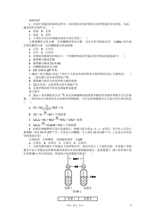 高三生物一轮复习课时作业9 细胞呼吸A(广东专版)