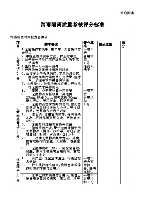 消毒隔离质量考核评分标准