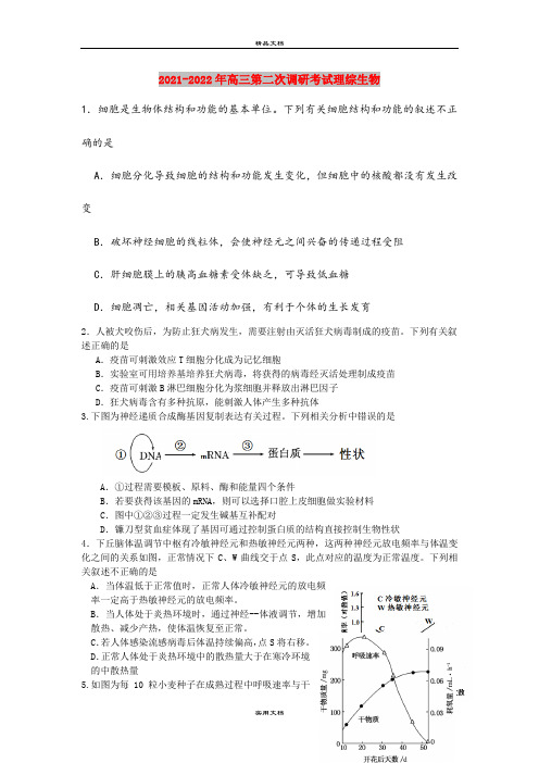 2021-2022年高三第二次调研考试理综生物