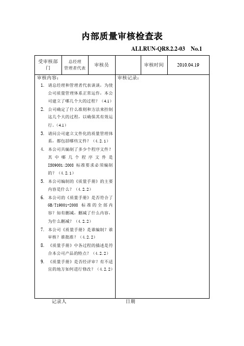 内部质量审核检查表(自编)