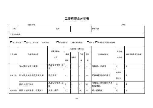 工作前安全分析表(动火作业)