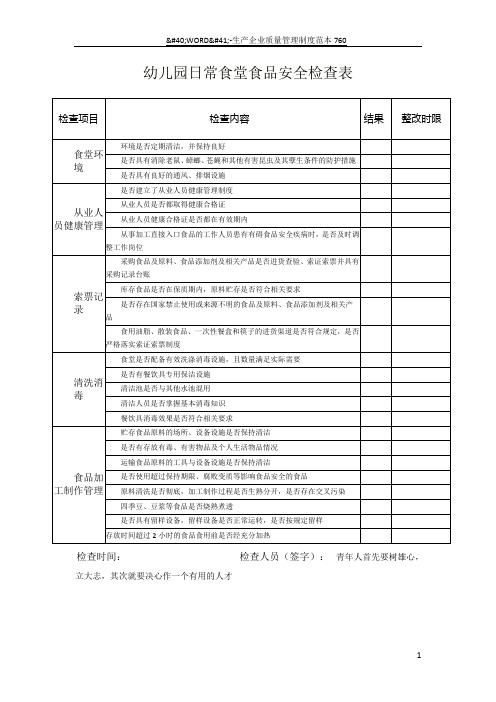 幼儿园日常食堂食品安全检查表