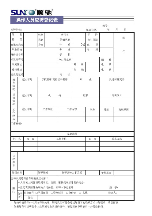 【Excel表格】操作人员应聘登记表