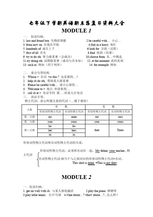 外研版七年级下学期英语期末总复习资料大全