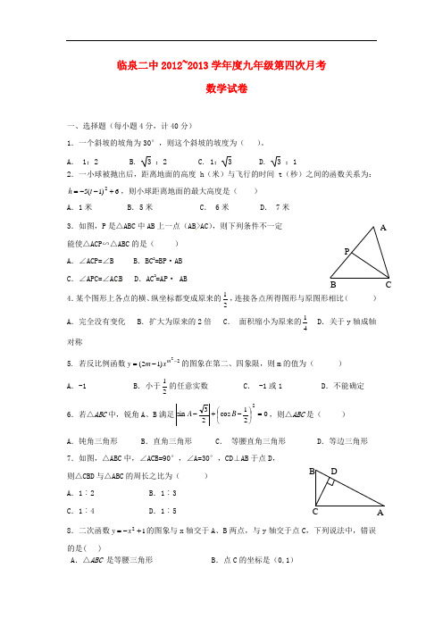 安徽省阜阳市临泉县九年级数学第四次月考试题