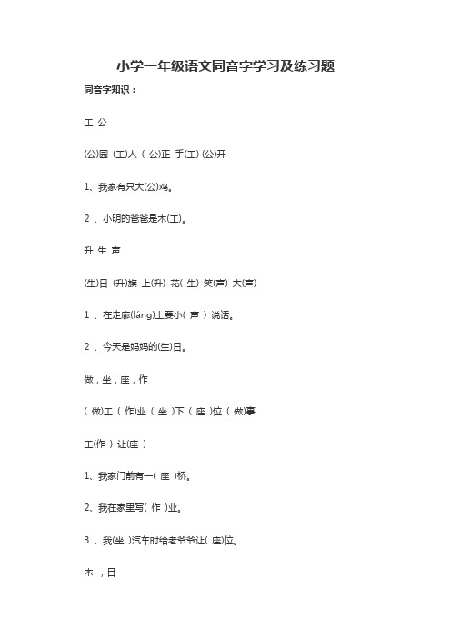 小学一年级语文同音字学习及练习题