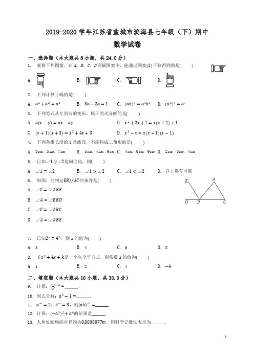 【推荐】江苏省盐城市滨海县2019-2020学年七年级下期中数学试卷及答案解析.docx