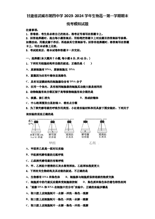 甘肃省武威市第四中学2023-2024学年生物高一第一学期期末统考模拟试题含解析