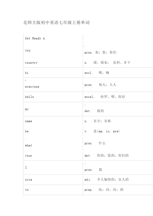 北师大版初一英语单词表(七年级上册)