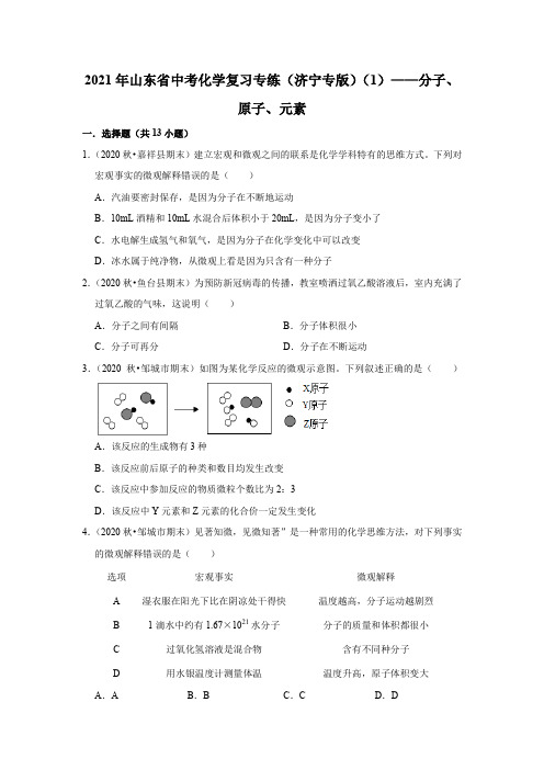 2021年山东省中考化学复习专练(济宁专版)(1)——分子、原子、元素