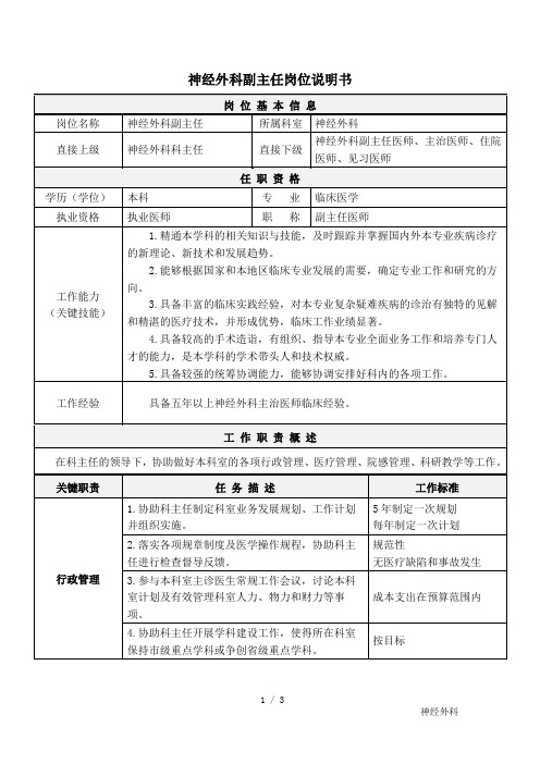 神经外科副主任岗位说明书