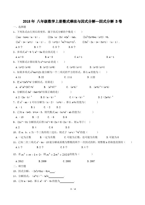 人教版2018年 八年级数学上册整式乘法与因式分解--因式分解 同步练习B卷含答案