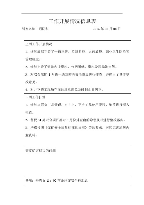 8月通防科工作开展情况信息表 Microsoft Word 文档