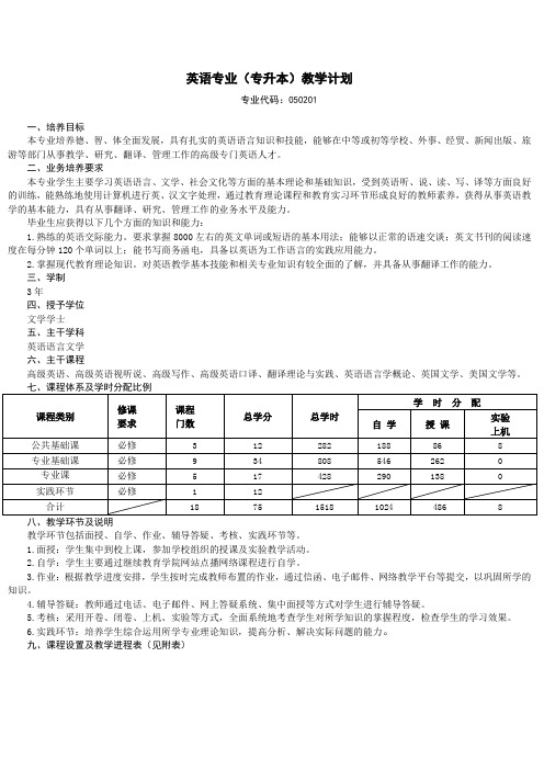 英语专业(专升本)教学计划