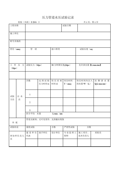 压力管道水压试验记录表【范本模板】