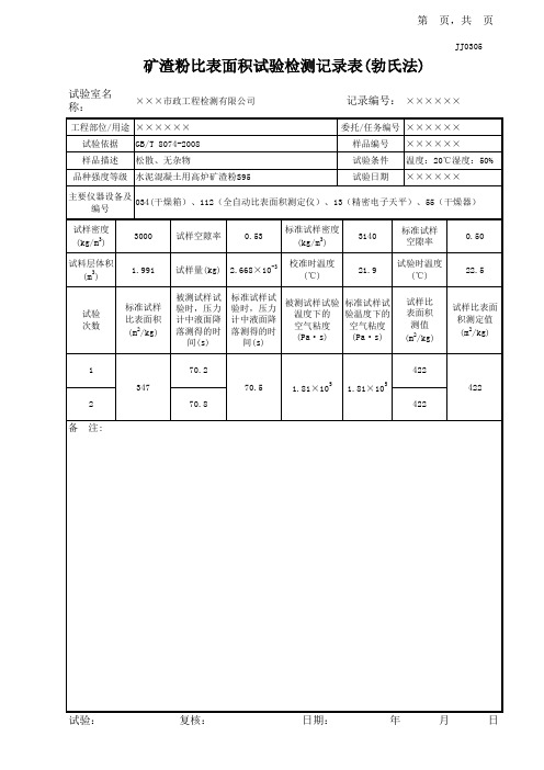 矿渣粉比表面积试验记录表(勃氏法)