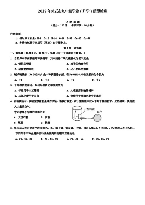 福建省龙岩市2019届九年级学业(升学)质量检查化学试题及答案