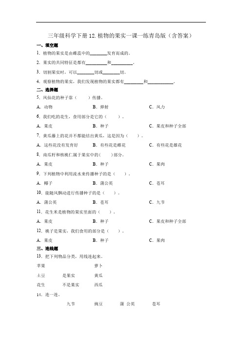 青岛版三年级科学下12.植物的果实一课一练习题(含答案)