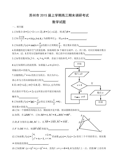 江苏省苏州市2015届高三上学期期末考试数学试卷